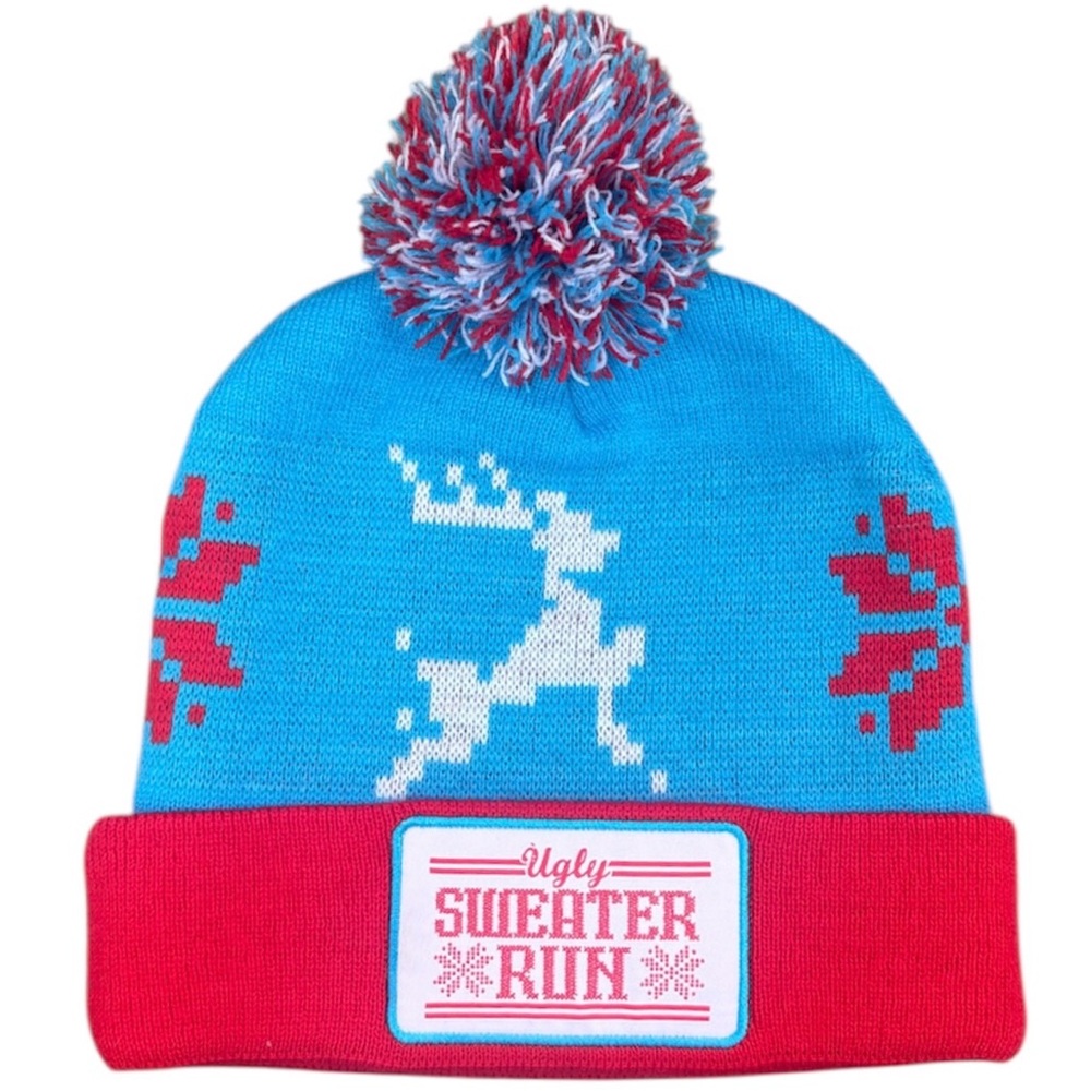 Ugly Sweater Run Beanie Knit Ski Winter Hat Pom Embroidery Unisex Mens or Womens